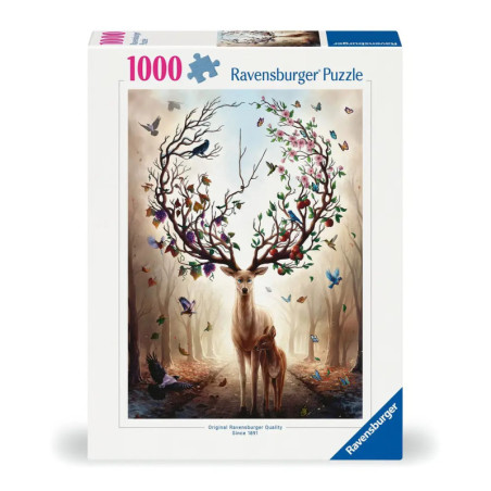 1000-teiliges Ravensburger Puzzle mit Hirsch, großen naturgefüllten Geweihen und einem Kitz in einer Waldszene.