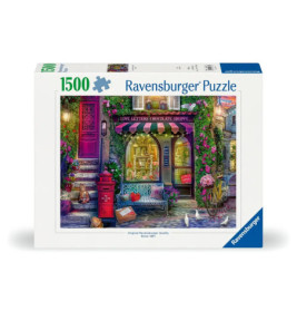 Ravensburger 1500-Teile-Puzzle: Bunte Schokoladenladen-Szene mit Blumen und rotem Briefkasten auf der Box.