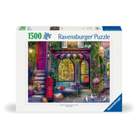 Ravensburger 1500-Teile-Puzzle: Bunte Schokoladenladen-Szene mit Blumen und rotem Briefkasten auf der Box.