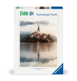 Ravensburger Puzzle mit 1500 Teilen, Motiv: Kirche am See vor schneebedeckten Bergen auf der Schachtel.