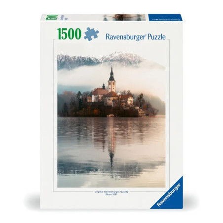 Ravensburger Puzzle mit 1500 Teilen, Motiv: Kirche am See vor schneebedeckten Bergen auf der Schachtel. Ravensburger Puzzle mit 1500 Teilen, Motiv: Kirche am See vor schneebedeckten Bergen auf der Schachtel.