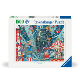 Schachtel eines 1500-teiligen Ravensburger Puzzles mit buntem Karnevals- und Zirkusmotiv.