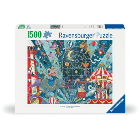 Schachtel eines 1500-teiligen Ravensburger Puzzles mit buntem Karnevals- und Zirkusmotiv.