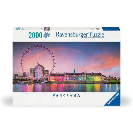 Ravensburger Panorama-Puzzle (2000 Teile) mit London Eye und bunten Lichtern bei Sonnenuntergang.