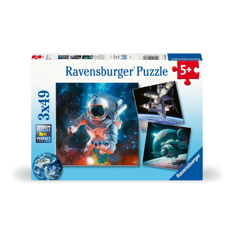 Ravensburger Puzzle mit Weltraummotiven wie Astronaut und Raumschiff, geeignet für Kinder ab 5 Jahren. Ravensburger Puzzle mit Weltraummotiven wie Astronaut und Raumschiff, geeignet für Kinder ab 5 Jahren.