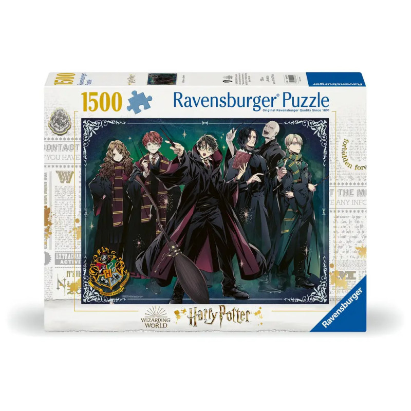 Box eines 1500-teiligen Ravensburger Harry Potter Puzzles mit Anime-Illustrationen der Hauptfiguren.