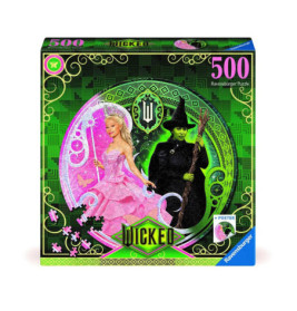 Puzzle mit 500 Teilen: Zwei Hexen, eine in Rosa, eine in Schwarz, auf grünem Hintergrund.