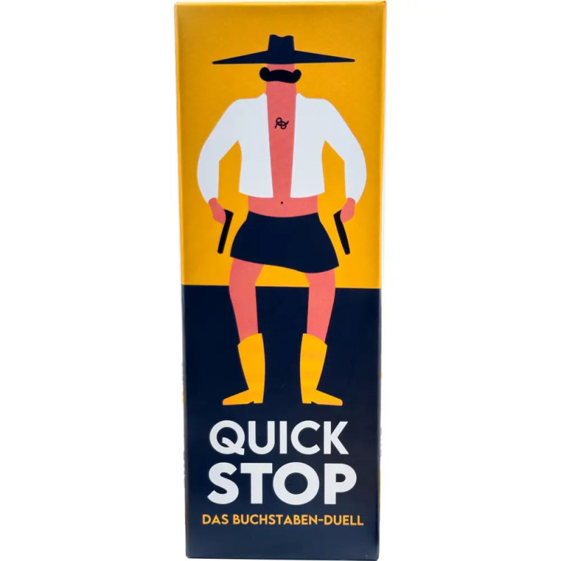 Cartoon-Cowboy mit Schnurrbart, Hut, offenem Hemd und Pistolen steht da Text: Schnellhalt. Cartoon-Cowboy mit Schnurrbart, Hut, offenem Hemd und Pistolen steht da Text: Schnellhalt.