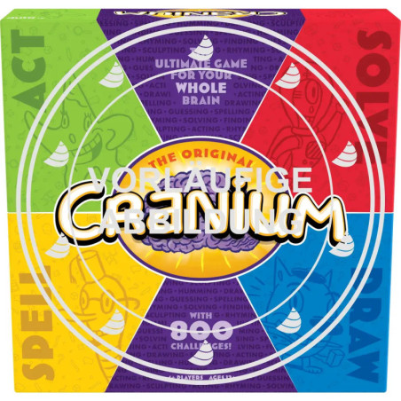 Cranium-Spielschachtel mit bunten Abschnitten und Spieletitel über einer Gehirn-Illustration in der Mitte.