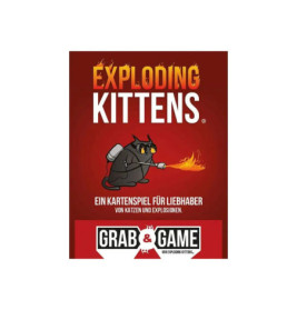 Rote Exploding Kittens-Spielschachtel mit Comic-Katze, die eine Bombe hält, und deutschem Text.