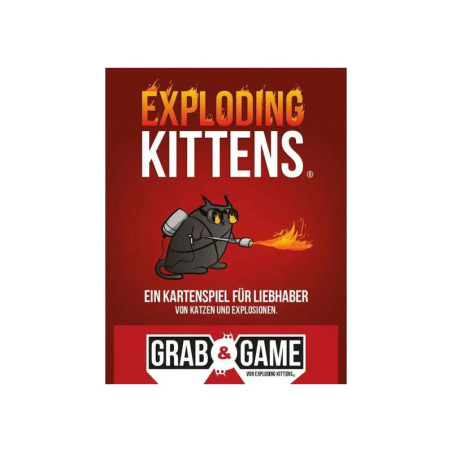 Rote Exploding Kittens-Spielschachtel mit Comic-Katze, die eine Bombe hält, und deutschem Text.