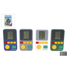 Vier tragbare Brick-Spielkonsolen in Blau, Grau, Weiß und Grün mit Display und gelben Tasten.