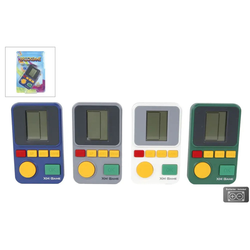 Vier tragbare Brick-Spielkonsolen in Blau, Grau, Weiß und Grün mit Display und gelben Tasten.