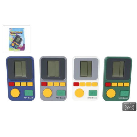 Vier tragbare Brick-Spielkonsolen in Blau, Grau, Weiß und Grün mit Display und gelben Tasten.