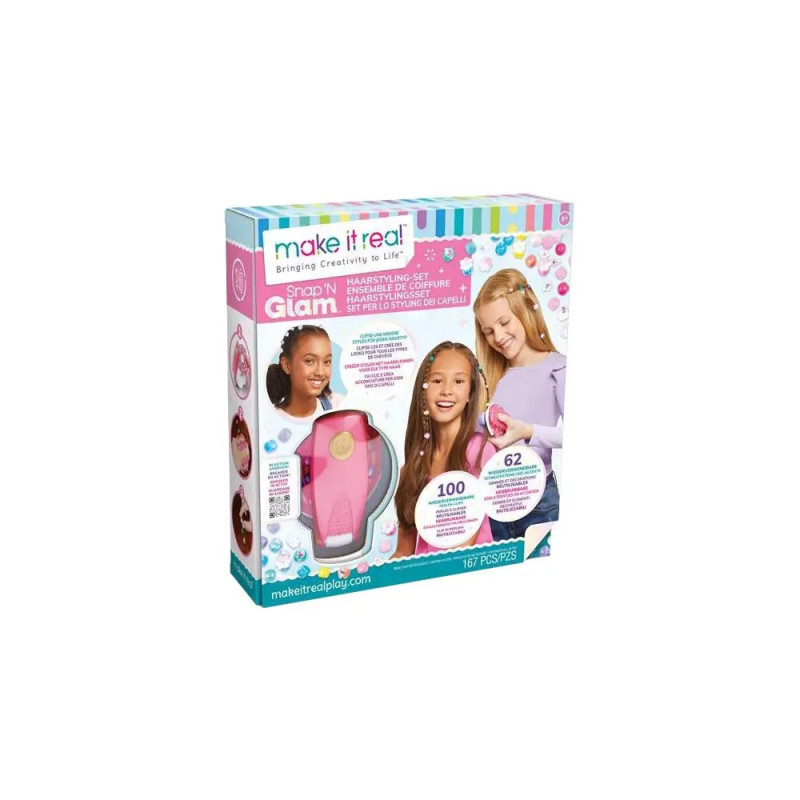 Make It Real Snap N Glam Armband-Set: Verpackung mit Mädchenabbildungen und Bastelmaterial für Schmuckherstellung.