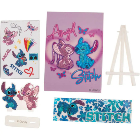 Disney Stitch & Angel Bastelset mit Stickern, lila Karte, Mini-Staffelei und blauem Blumen-Lesezeichen.