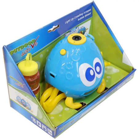 Blaues Oktopus-Seifenblasen-Spielzeug mit großen Augen in Verpackung, inklusive Flasche Seifenblasenlösung.