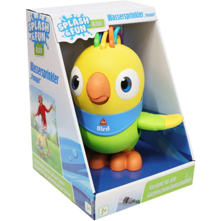 Bunter Wassersprinkler in Papageienform für Kinder ab 3 Jahren, verpackt mit Aufschrift.