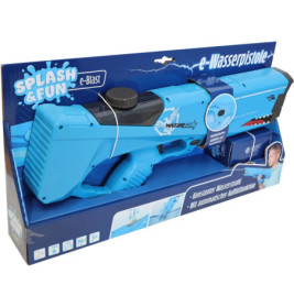 Blaue und schwarze Spielzeug-Wasserpistole mit Hai-Design, verpackt als Splash & Fun e-Wasserpistole.