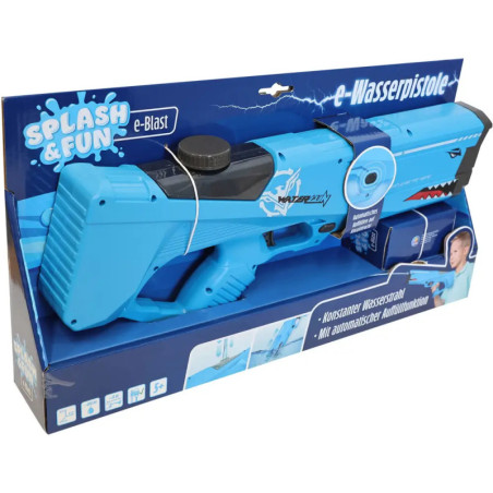 Blaue und schwarze Spielzeug-Wasserpistole mit Hai-Design, verpackt als Splash & Fun e-Wasserpistole.
