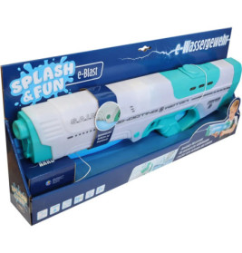 Türkise und weiße Wasserpistole in blauer Verpackung, beschriftet mit Splash & Fun e-Blast e-Wassergewehr.