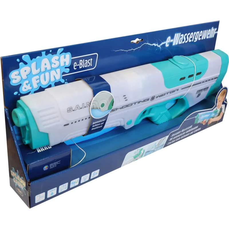 Türkise und weiße Wasserpistole in blauer Verpackung, beschriftet mit Splash & Fun e-Blast e-Wassergewehr. Türkise und weiße Wasserpistole in blauer Verpackung, beschriftet mit Splash & Fun e-Blast e-Wassergewehr.