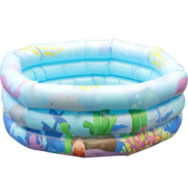 Aufblasbares Kinderplanschbecken mit Meeresmotiven wie Fischen, Pflanzen und Meerestieren an den Seiten.