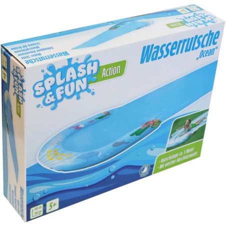 Splash & Fun Wasserrutsche Ocean: Kinder-Wasserrutsche in Blau mit Wasserspritzern auf dem Verpackungsbild. Splash & Fun Wasserrutsche Ocean: Kinder-Wasserrutsche in Blau mit Wasserspritzern auf dem Verpackungsbild.