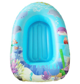 Blauer, aufblasbarer Pool-Boot mit bunten Motiven von Meerestieren und Algen.