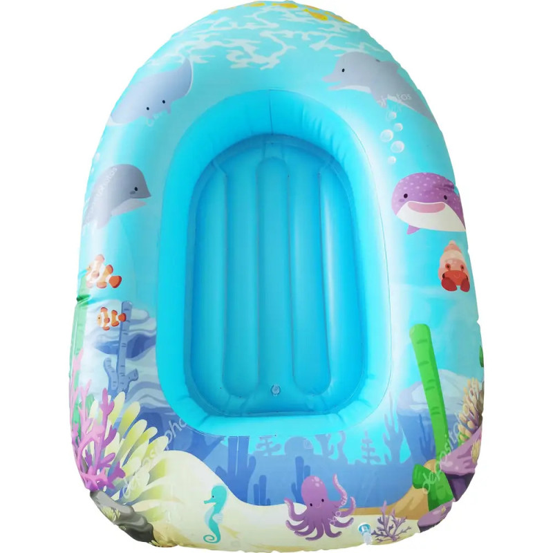 Blauer, aufblasbarer Pool-Boot mit bunten Motiven von Meerestieren und Algen.