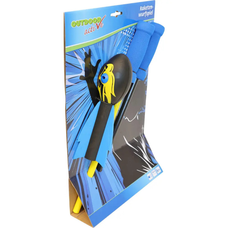Blau-schwarzes Schaumstoff-Raketen-Set in Einzelhandelsverpackung mit der Aufschrift Outdoor active.