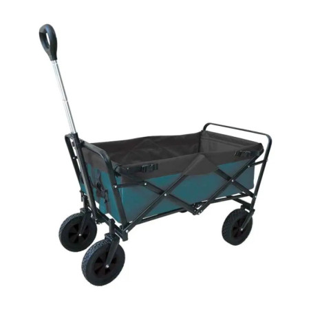 Faltbarer Transportwagen mit schwarzem Gestell, türkisfarbener Plane, großen Rädern und Zuggriff.