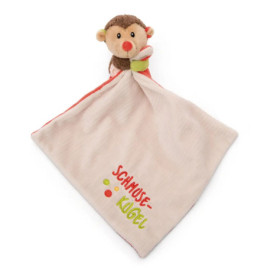 Kuscheltuch mit Plüsch-Affe und SCHMUSE-KUGEL-Stickerei auf cremefarbenem Stoff.