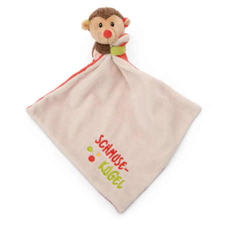 Kuscheltuch mit Plüsch-Affe und SCHMUSE-KUGEL-Stickerei auf cremefarbenem Stoff.