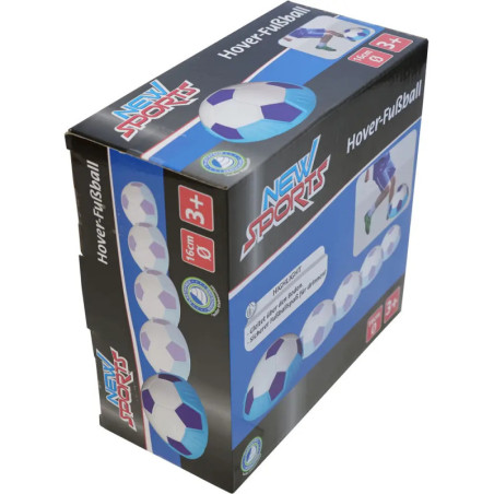 Box des Hover-Fußballs von New Sports für Kinder ab 3 Jahren mit blau-weißen Fußball-Grafiken.