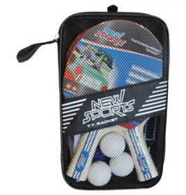 Tischtennisset mit Schlägern und Bällen in schwarzer Netztasche mit Reißverschluss und Aufschrift NEW SPORTS.
