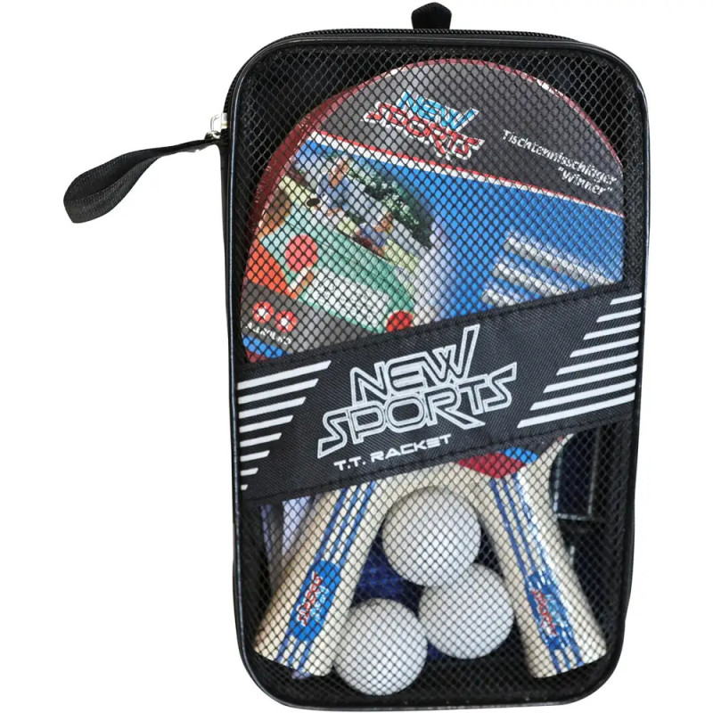 Tischtennisset mit Schlägern und Bällen in schwarzer Netztasche mit Reißverschluss und Aufschrift NEW SPORTS. Tischtennisset mit Schlägern und Bällen in schwarzer Netztasche mit Reißverschluss und Aufschrift NEW SPORTS.