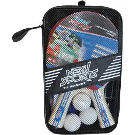 Tischtennisset mit Schlägern und Bällen in schwarzer Netztasche mit Reißverschluss und Aufschrift NEW SPORTS.