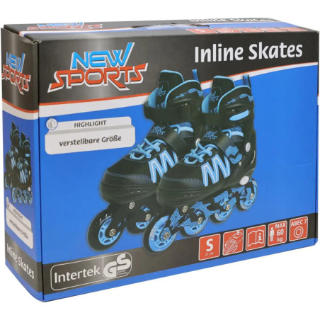 Verpackung mit New Sports verstellbaren Inline-Skates, blau-schwarz, Größe S, bis 60 kg belastbar.