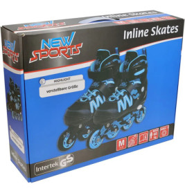 Box mit verstellbaren New Sports Inlineskates in Blau-Schwarz, Größe M, belastbar bis 60 kg.