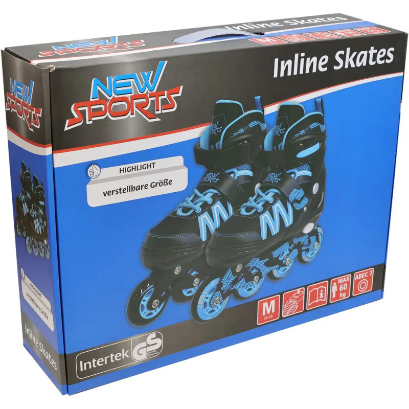 Box mit verstellbaren New Sports Inlineskates in Blau-Schwarz, Größe M, belastbar bis 60 kg. Box mit verstellbaren New Sports Inlineskates in Blau-Schwarz, Größe M, belastbar bis 60 kg.