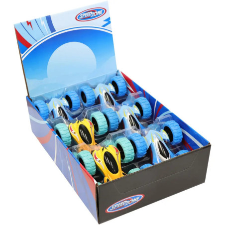 Eine Schachtel mit Spielzeug-Rennautos, die blaue Räder und bunte Karosserien haben und in Reihen angeordnet sind.