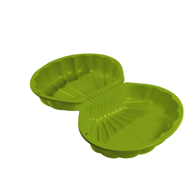 Grüne Muschel-Sandkiste aus Kunststoff mit zwei geöffneten Hälften, leer.