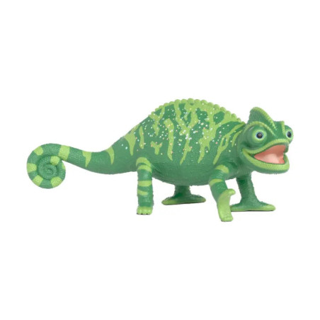 Grünes Chamäleon-Spielzeug aus Plastik mit gelben Punkten, gekringeltem Schwanz und offenem Maul vor weißem Hintergrund.