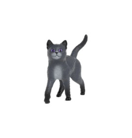 Eine graue Spielzeugkatze mit violetten Augen steht mit erhobenem Schwanz vor weißem Hintergrund.