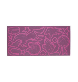 Rosa Schablone mit Pferdeformen, Sternen, Herzen, einem Hufeisen, Helm und einer Schleife.