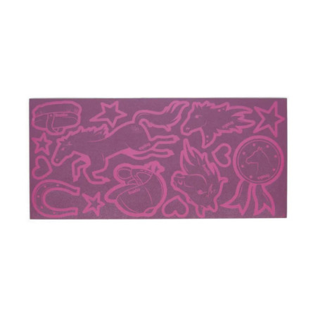 Rosa Schablone mit Pferdeformen, Sternen, Herzen, einem Hufeisen, Helm und einer Schleife.