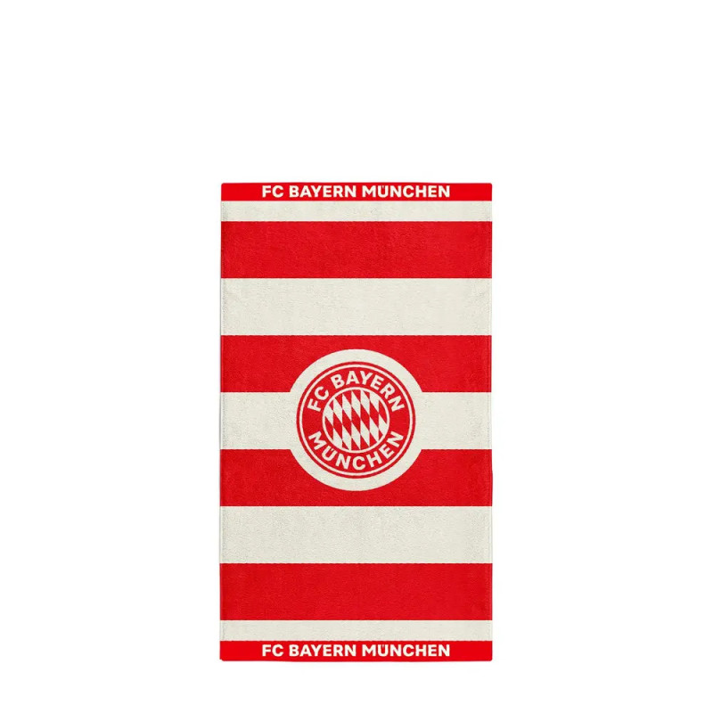 Rot-weiß gestreiftes Handtuch mit FC Bayern München Logo und Schriftzug oben und unten.