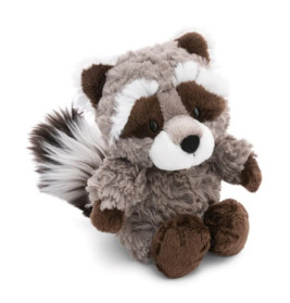 Ein Plüsch-Waschbär mit braun-grauem Fell, weißen Akzenten und buschigem, gestreiftem Schwanz.