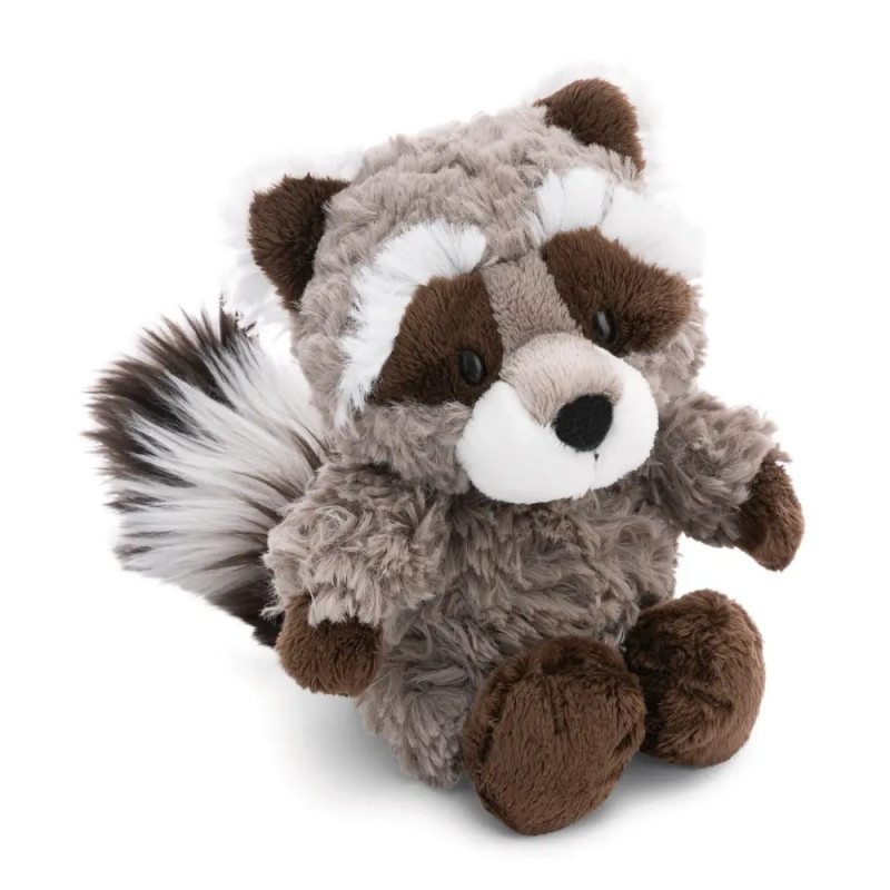 Ein Plüsch-Waschbär mit braun-grauem Fell, weißen Akzenten und buschigem, gestreiftem Schwanz. Ein Plüsch-Waschbär mit braun-grauem Fell, weißen Akzenten und buschigem, gestreiftem Schwanz.